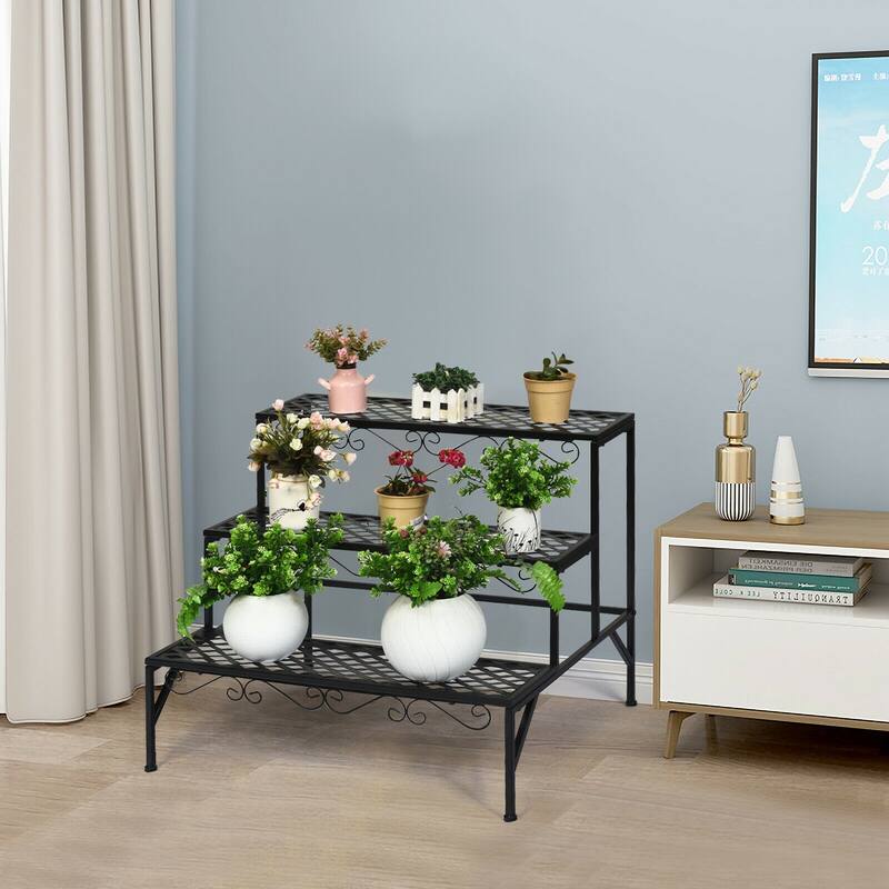 3 Tier Metal Plant Stand Ladder Design Indoor Outdoor Use - 27.5" x 24" x 24" (L x W x H)