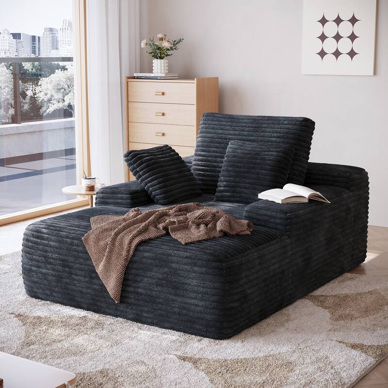 67" Oversized Chaise Lounge Chair Sofa Bed With Corduroy Upholstery, Large Corduroy Floor Sofa With Pillows - Black