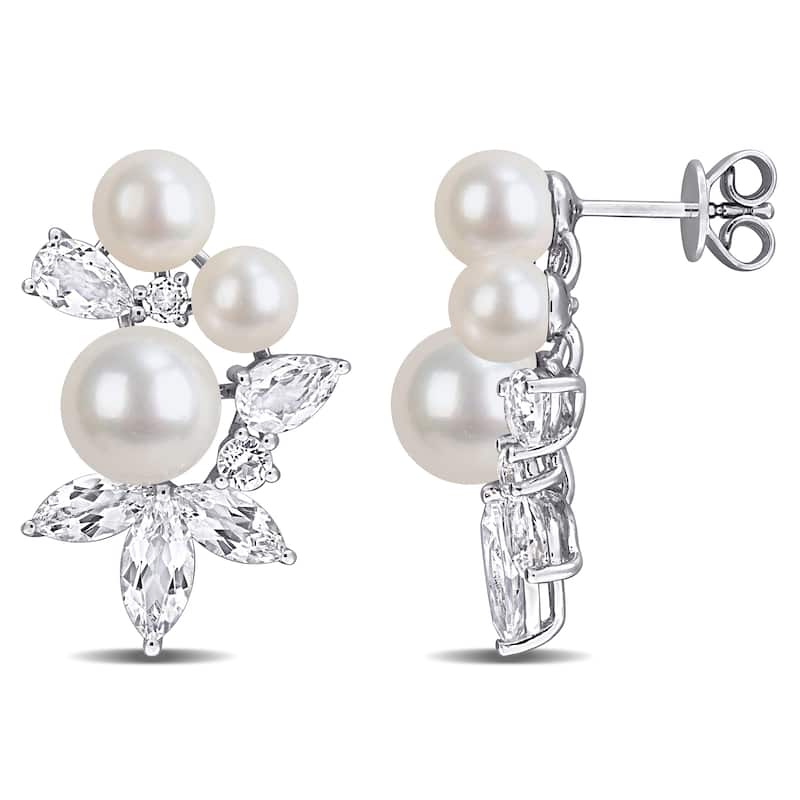 Miadora Cultured Freshwater Pearl and Gemstone Cluster Drop Earrings Sterling Silver - White