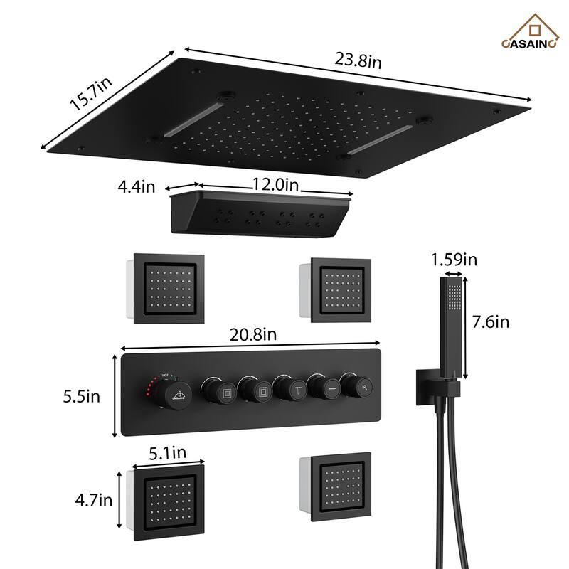 CASAINC Single-Handle 5-Spray Rectangular Shower Faucet 2.5 GPM with Body Spray