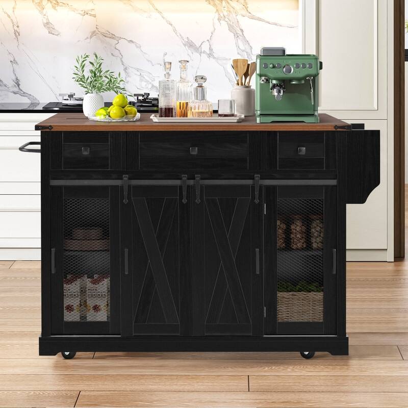 Farmhouse 58" Kitchen Island with Drop Leaf, Rolling Kitchen Island on 5 Wheels with Sliding Barn Door and Adjustable Shelves - Black