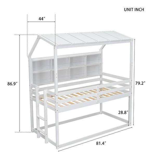 dimension image slide 1 of 2, Twin House Loft Bed with Semi-enclosed Roof, Shelves and Ladder, White
