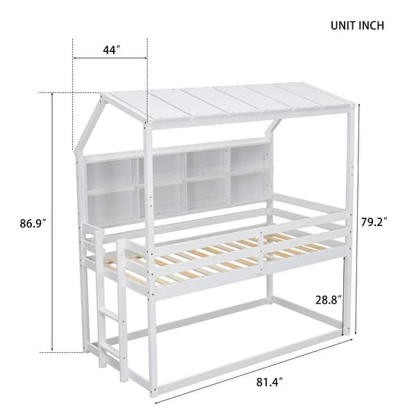 White Twin over Twin Size Wood Low Bunk Bed with Semi-enclosed Roof, Guardrails, Bedside Shelves and Ladder