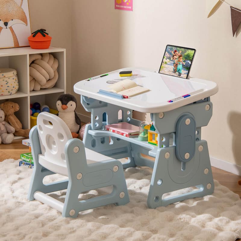 Gymax Kids Table & Chair Set Height Adjustable Toddler Drawing Table