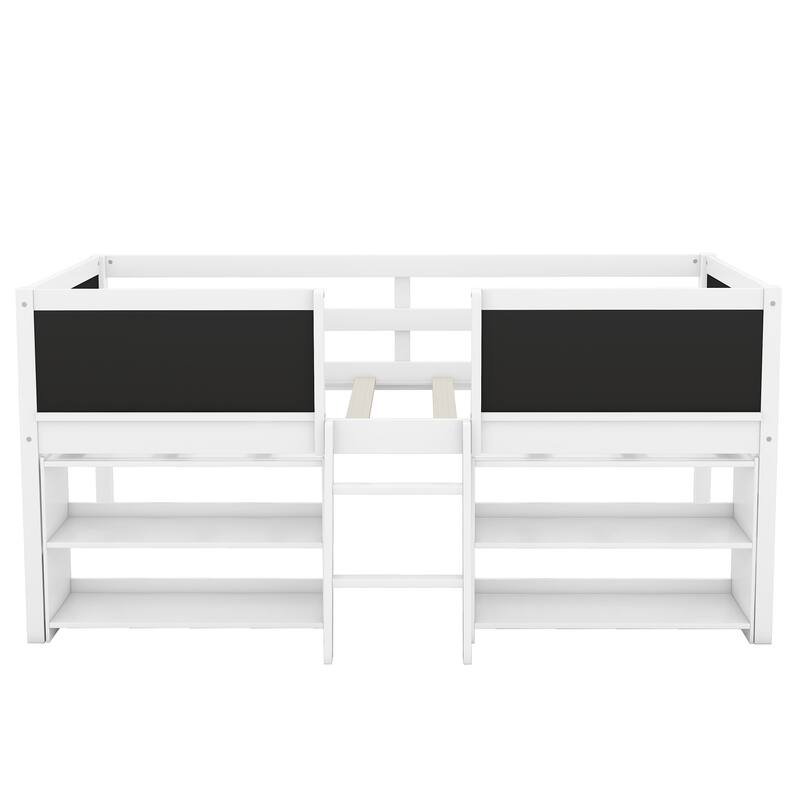 Twin Size Low Loft Bed with Movable Shelves, Ladder, and Chalkboard Guardrail, White