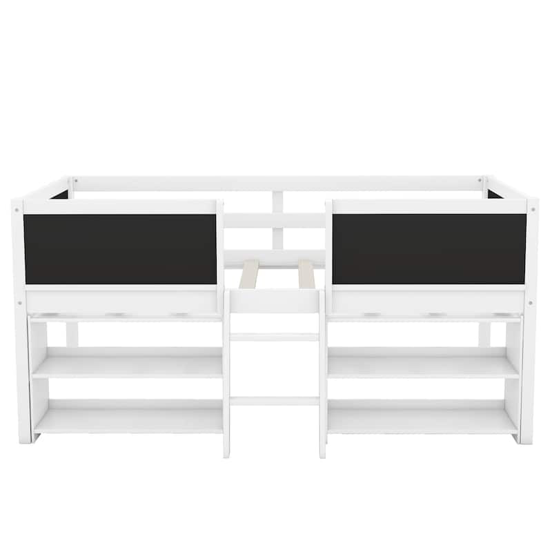 Wooden Loft Bed Frame with 2 Movable Shelves, Twin Size Low Loft Bed, Solid Pine Twin Bed Frame with Chalkboard
