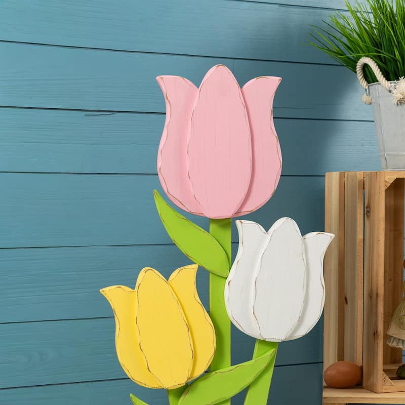 Glitzhome 30"H Easter Wooden Tulip Porch Decor