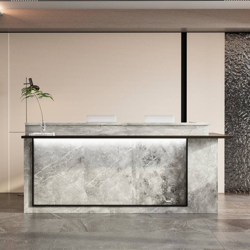 Marble Reception Desk LED Lighting L-Shaped Front Counter Storage Shelves Office, Salon, Hotel