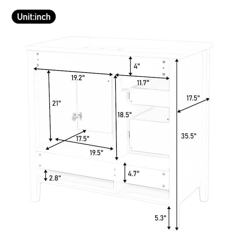 36-Inch Bathroom Vanity with Sink, One Cabinet with Soft-Closing Doors, 4 Soft-Closing Drawers