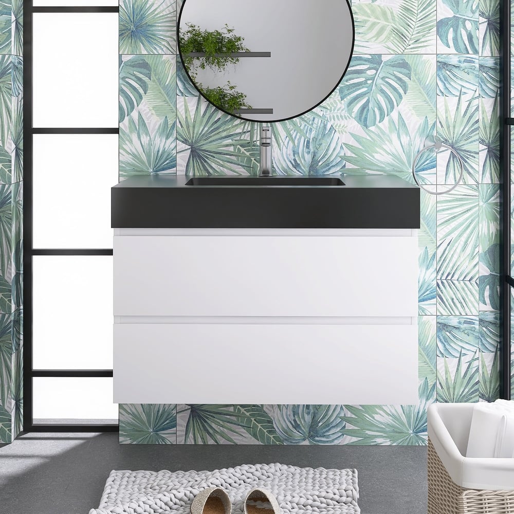 24"/30"/36" Wall-Mounted Bathroom Vanity Set with Black Integrated Quartz Sand Sink