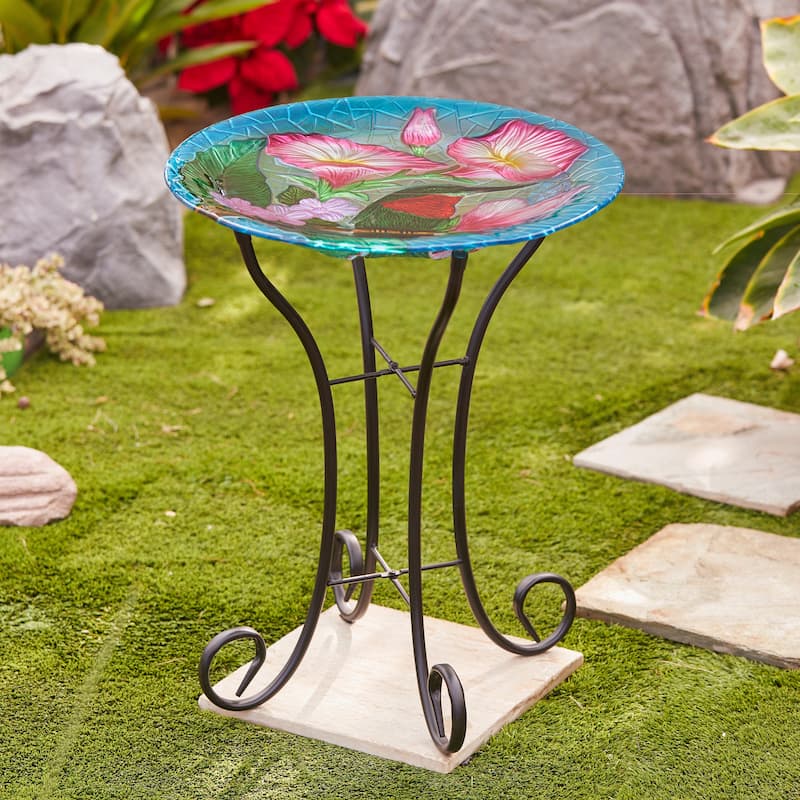Multi-Color Hummingbird Floral Glass Bird Bath with Black Metal Stand