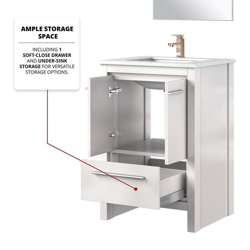 24 in. White Vanity with Quartz Top, Rose Gold Faucet, and 18 in. Mirror - Bathroom Storage Cabinet with Soft-Close Doors