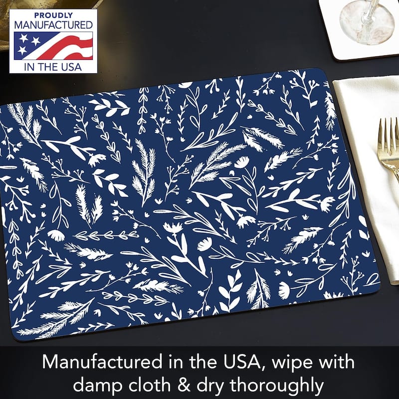 Navy Meadow Sketch Decorative Hardboard Placemats with Protective Cork Backing 4 Pack Heat Tolerant and Easily Wipes Clean