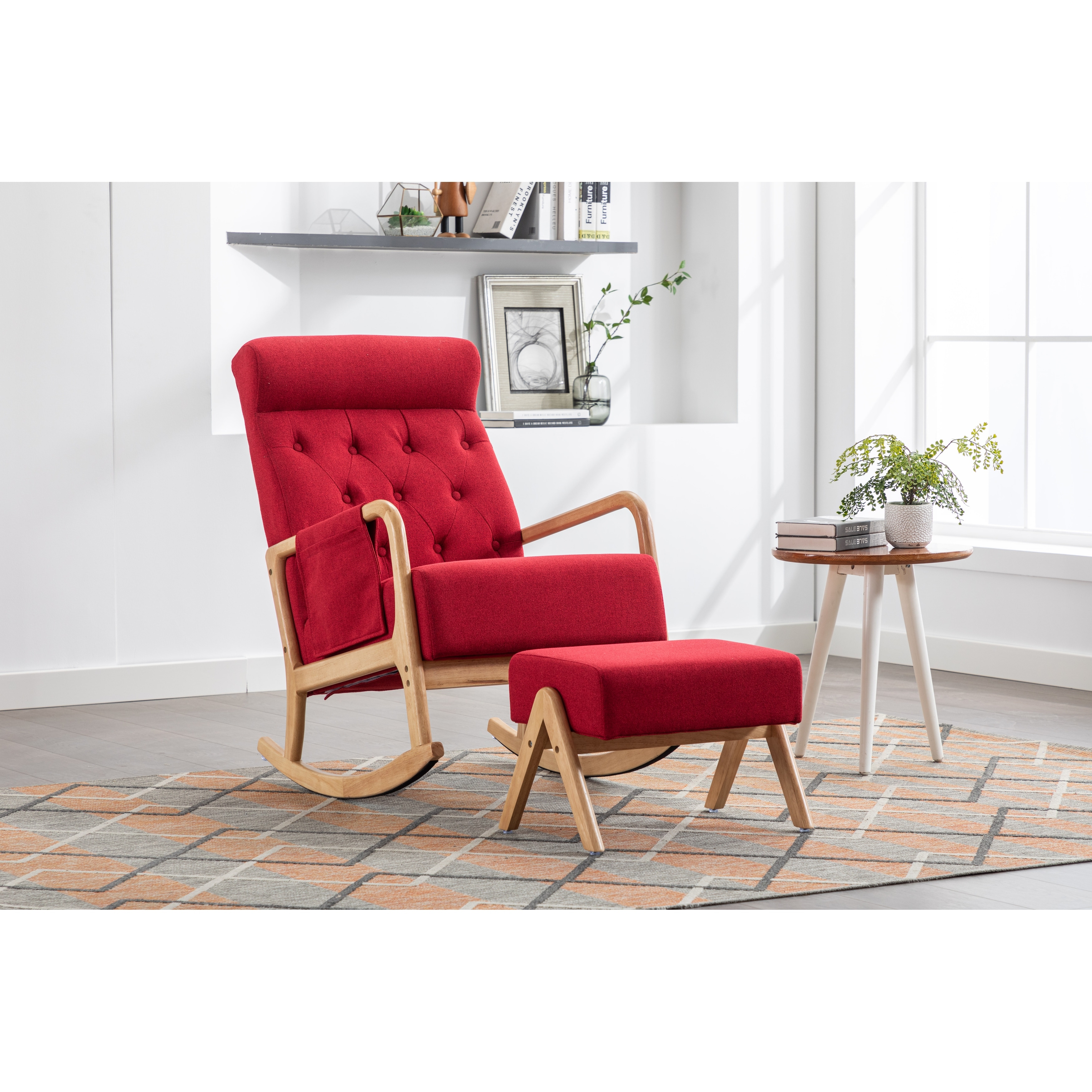 Red Rocking Chair With Ottoman with Thick Padded Cushion Bed