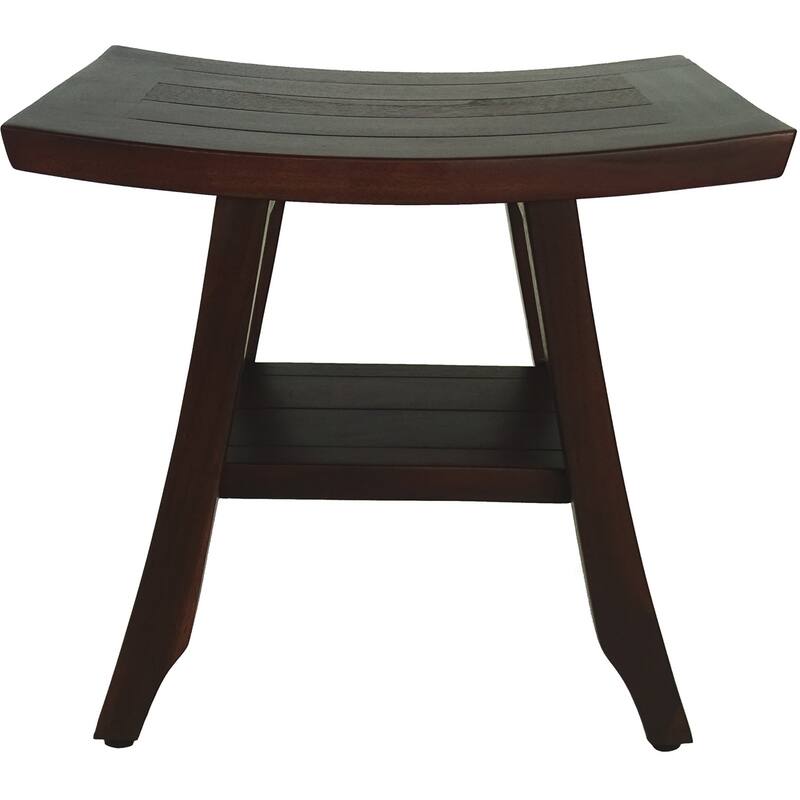 Compact Curviliniear Teak Shower / Outdoor Bench with Shelf in Brown Finish