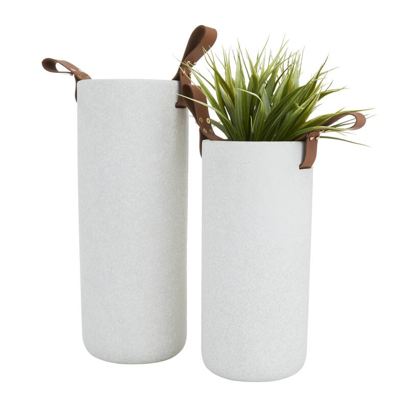 Ceramic Decorative Vase with Leather Handles - Set of 2 White - CosmoLiving by Cosmopolitan