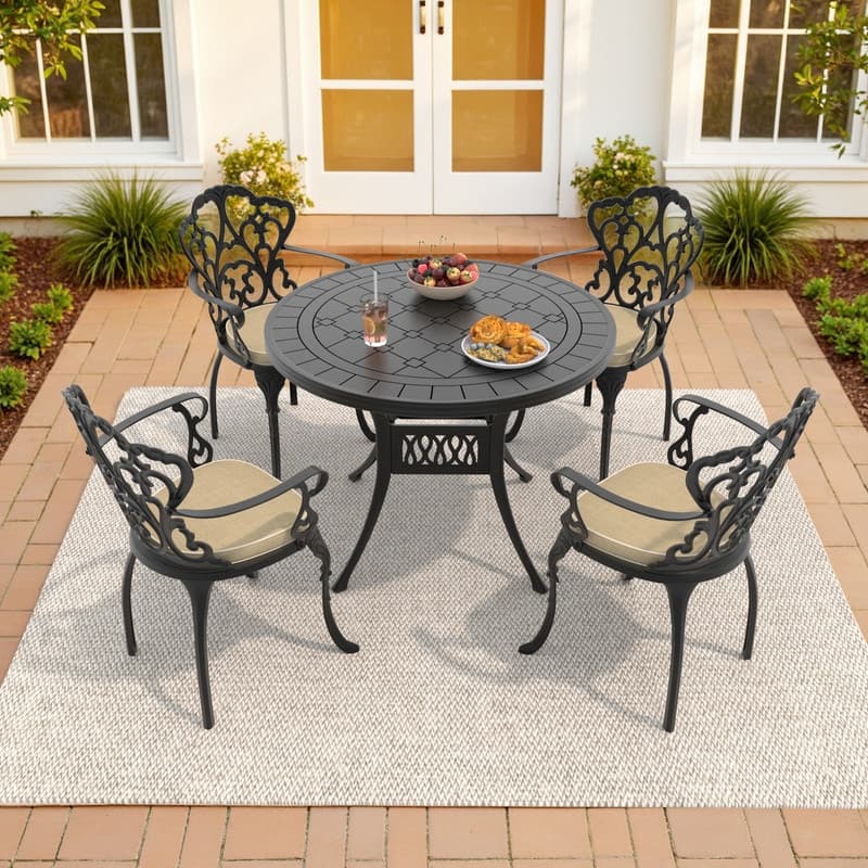 3/5 Piece Cast Aluminum Outdoor Dining Set with 39.37 in. Round Table and Seat Cushions - Black( 5-Piece Sets-C)