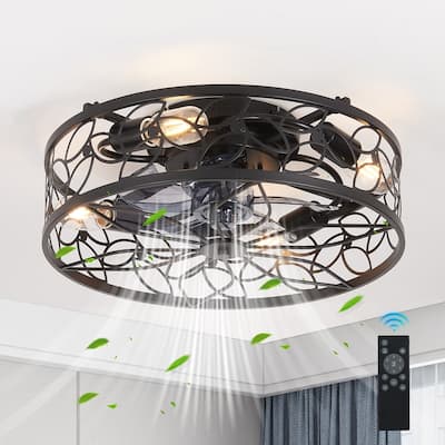 18" Black Vintage Cage Ceiling Fan With Remote Control - Industrial Style, Silent 6-Speed Reversible DC Motor(Bulb Not Included)