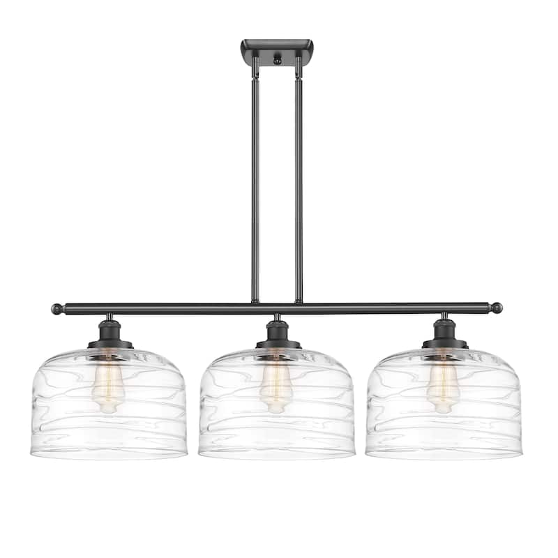 Innovations Lighting Bell - 3 Light 36" Island Light - 12" Shade - Matte Black/Clear Deco Swirl