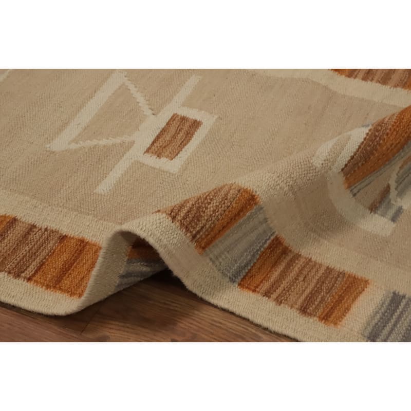 Hand Woven Oriental 100% Wool Carpet Southwestern Tribal Beige & Ivories Kilim Runner Rug - 8' 0'' X 2' 0''