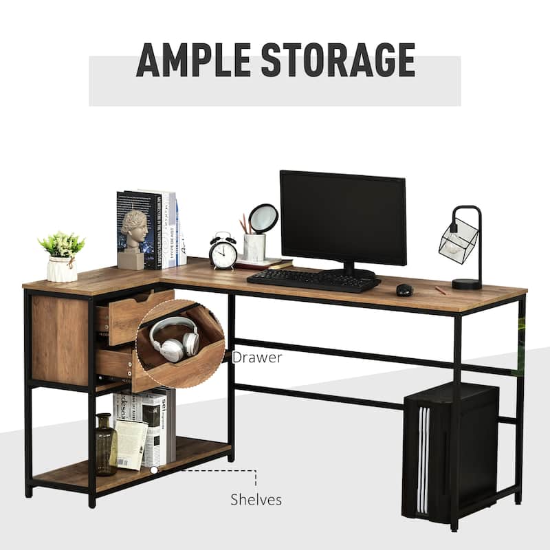 HOMCOM L-Shaped Home Office Writing Desk with Storage Shelf, Drawer, Brown
