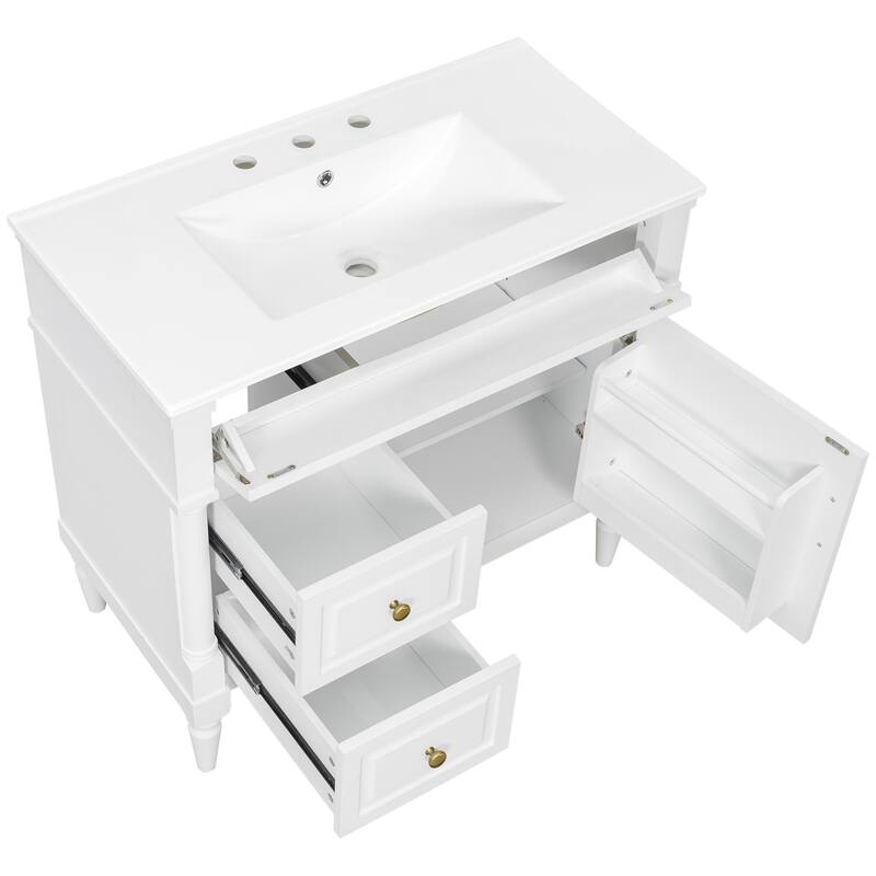 36" Bathroom Vanity with Sink, Freestanding Bathroom Cabinet with Ceramic Basin, Flip Drawer, Adjustable Shelf