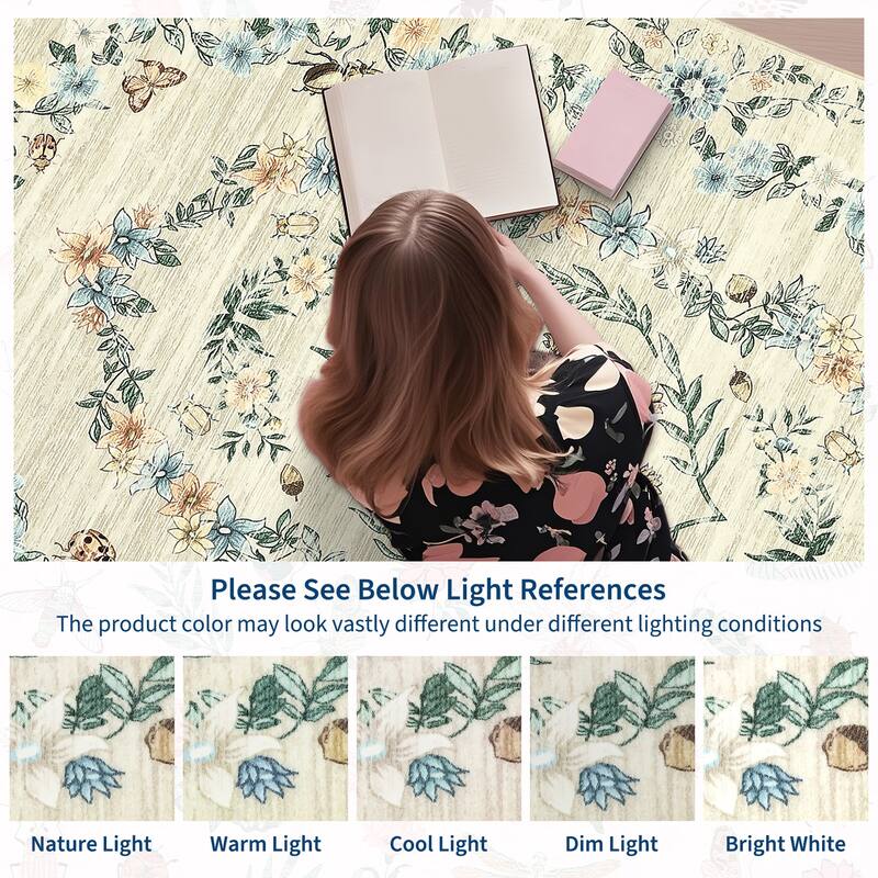 Modern Insect Botanical Pattern Area Rug Floral Print Rug Non-Slip Low Pile Soft Accent Carpet for Living Room Bedroom