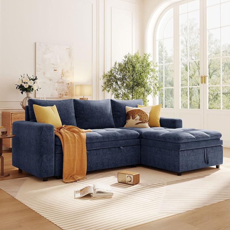 Modern Sectional Sofa Bed with Storage Space and Upholstered for Living Rooms and Apartments - Blue