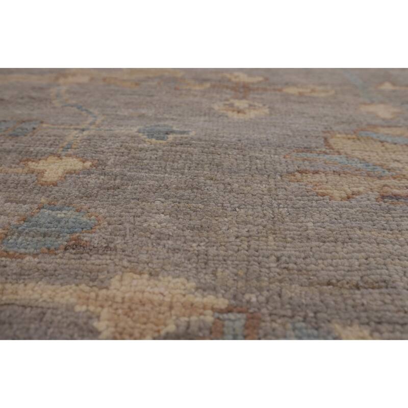 Vegetable Dye Floral Oushak Turkish Rug Hand-Knotted Grey Wool Carpet - 9'4"x 11'8"