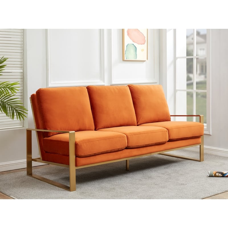 Jefferson Velvet Upholstered 3 Seater Sofa with Brushed Gold Stainless Steel Base and Removable Cushions - 77.1