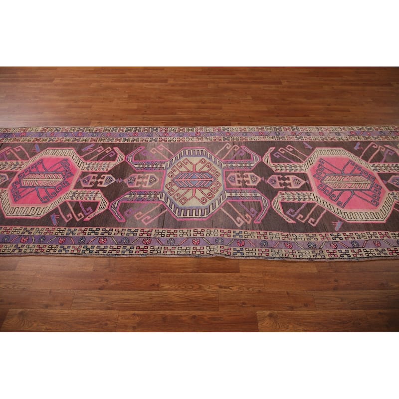 Meshkin Persian Vintage Runner Rug Handmade Wool Carpet - 3'4" x 10'0"