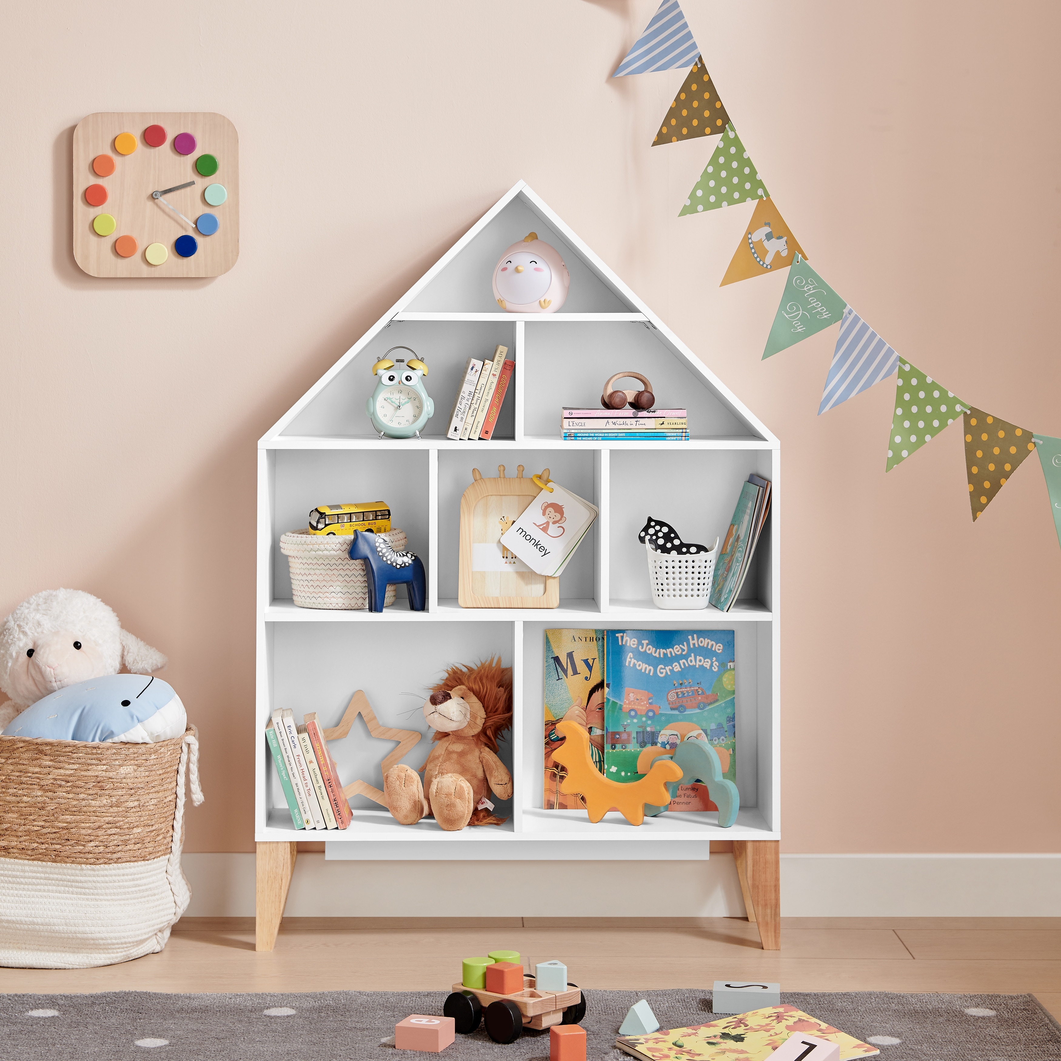 Danya B. Steiner White Dollhouse 8-Compartment Kids Book or Toy Figure Display Unit Freestanding Bookshelf with Beech Legs