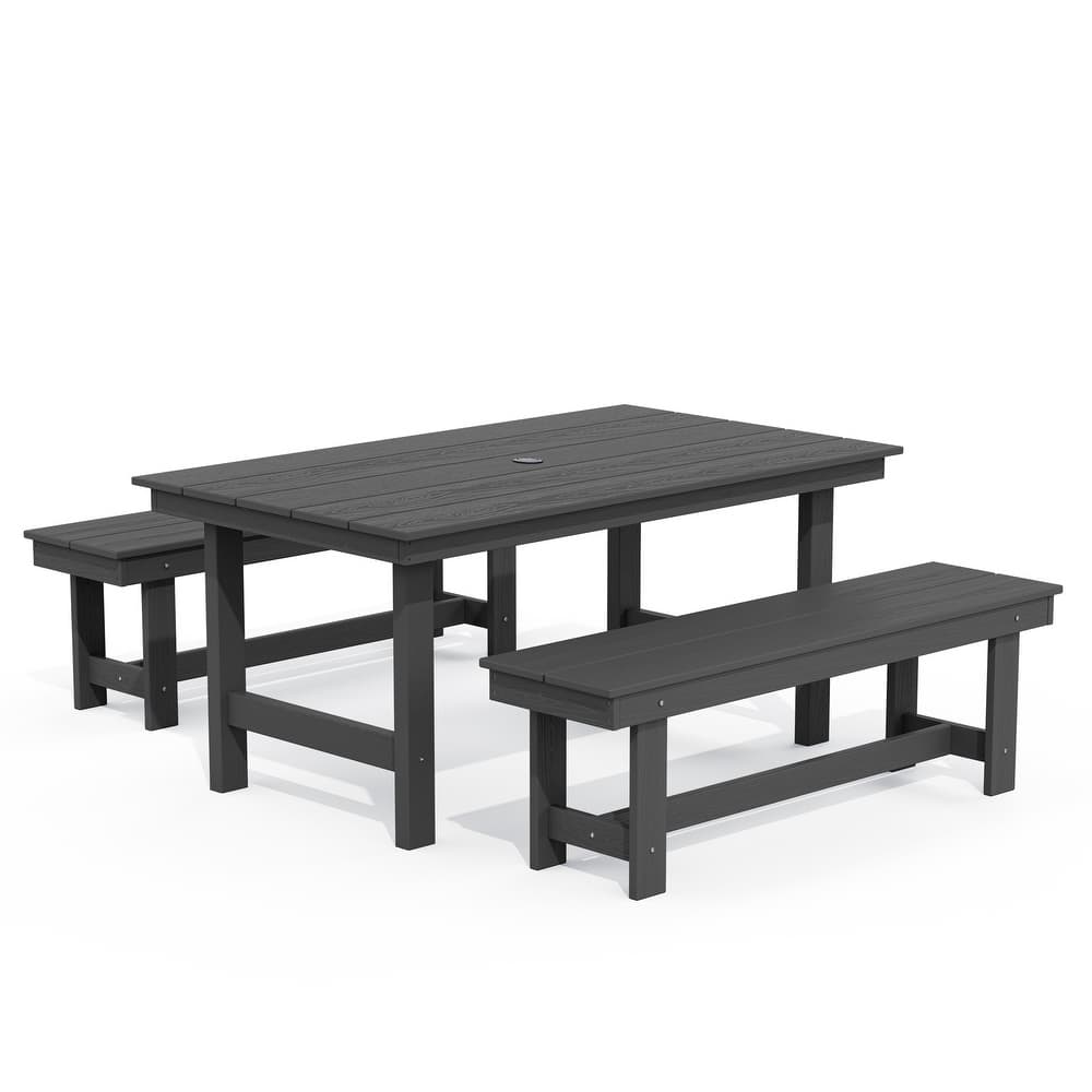 3-Piece HDPE Outdoor Dining Set with Umbrella Hole Table and Two 2-Person Benches