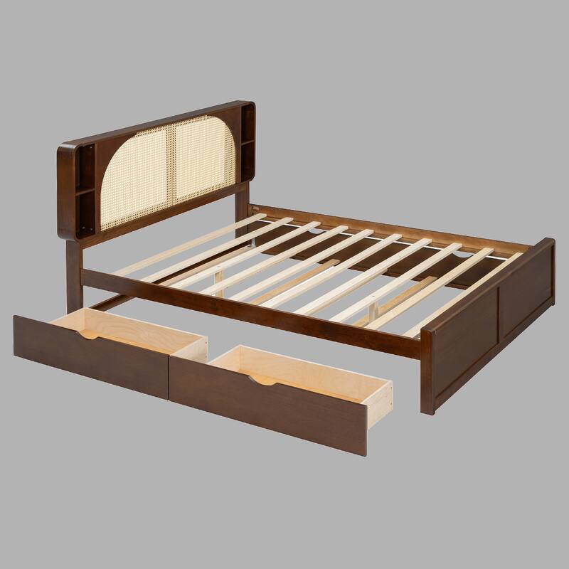 Elegant Queen Rattan Headboard Bed with 2 Drawers, Trundle, and 4 Storage Compartments