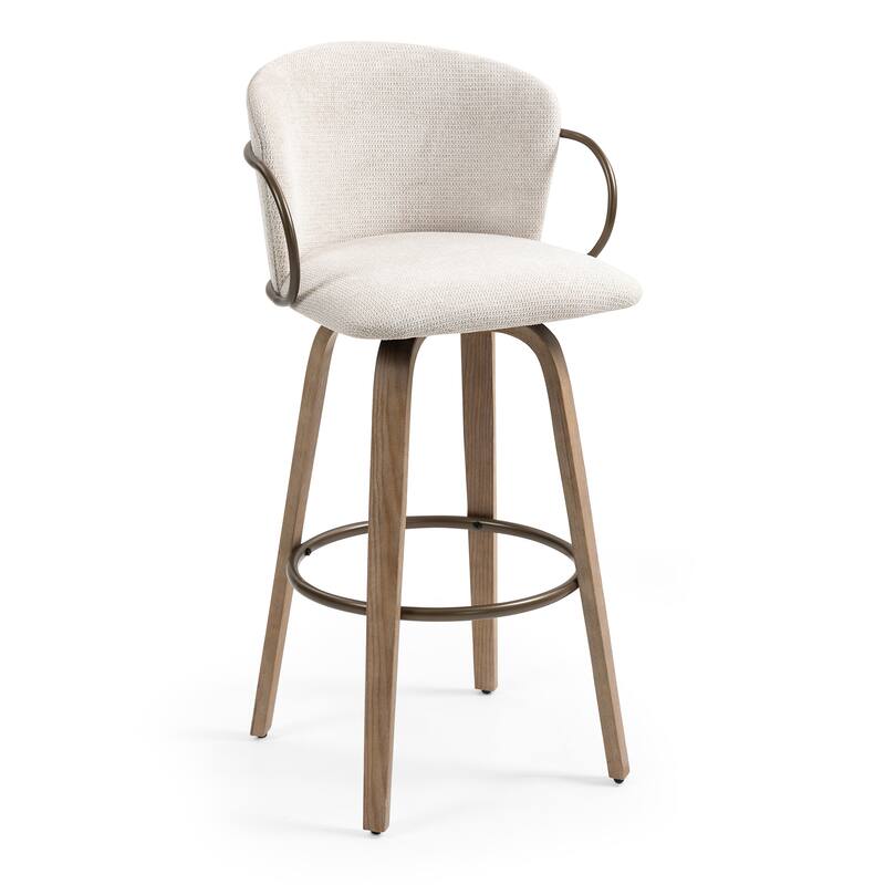 Set of 2 Bette Beige Woven Fabric Swivel Bar Stool with Wood Legs