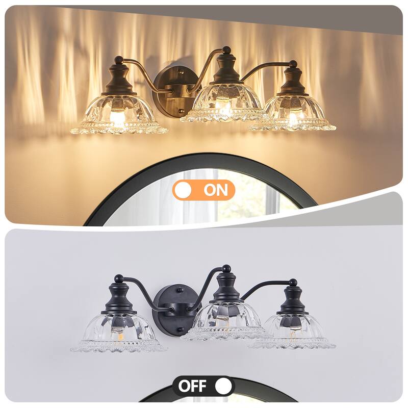 24 Inch 3-Light Vintage Bathroom Wall Sconce, Metal and Glass Lampshade Vanity Light Fixture