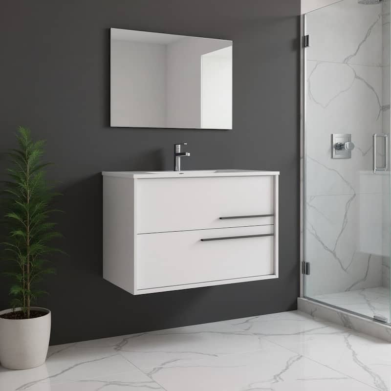 HomeRoots 32" Off White Wood Floating Bathroom Vanity With White Sink And Two Drawers - 32.00 in. x 24.60 in. x 21.60 in. - 32.00 in. x 24.60 in. x 21.60 in. - Polished - Off White