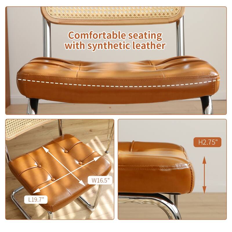 Dining Chairs Set of 2, Fauex Leather Rattan Side Accent Chairs with Chrome Legs, Modern Mid Century Breuer Designed Chairs