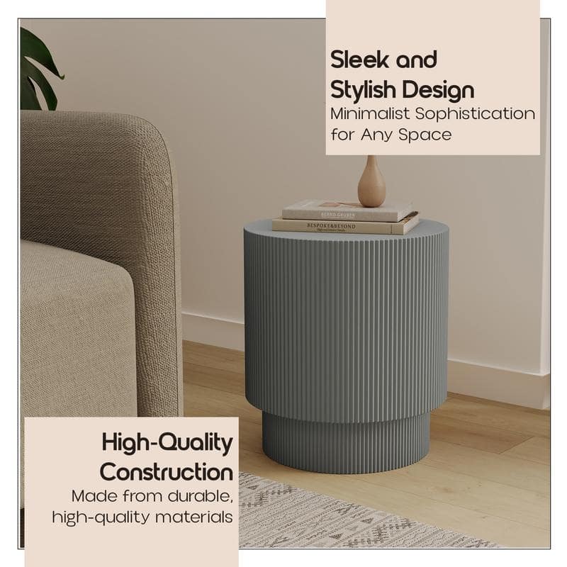 Eden Modern Wide Round Fiberstone Side Table with Accent Ribbed Design End Table for Living Rooms, Patios, and Gardens