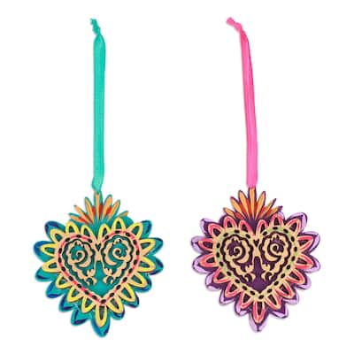 Novica Handmade Shimmering Heart Wood Ornaments (Pair)