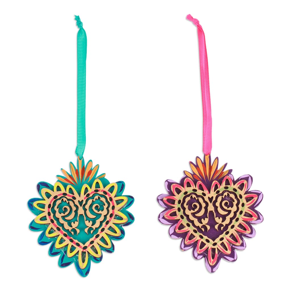 Novica Handmade Shimmering Heart Wood Ornaments (Pair)