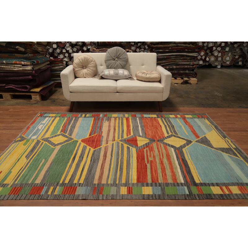 Hand Woven Oriental 100% Wool Carpet Southwestern Tribal Multi-Colored Kilim Area Rug - 8' 5'' X 5' 11''