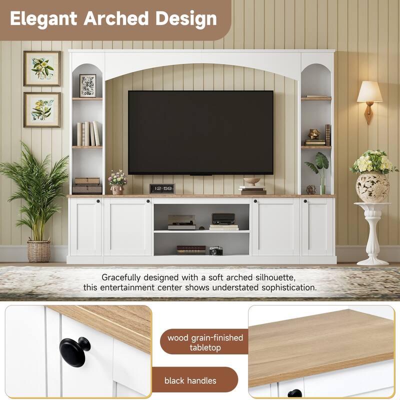 Arched Entertainment Center Wall Unit with Bookshelf & Storage Cabinet, TV Stand Media Console for TVs Up to 70"