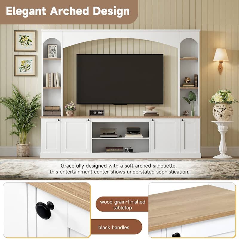 Elegant Arched Entertainment Center Wall Unit with Bookshelf, Farmhouse TV Stand with Wood Grain for TVs Up to 70"