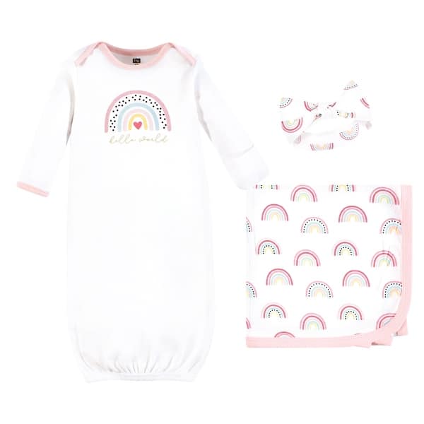slide 1 of 1, Hudson Baby Infant Girl Gown, Swaddle Blanket and Cap or Headband, Modern Rainbow, 0-6 Months - Modern Rainbow 0-6 Months - Modern Rainbow