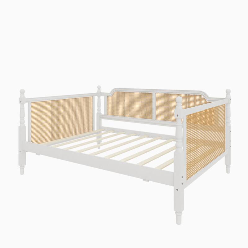 Rattan Frame Daybed with Pull-out Storage Drawers Bookcase Bed - Wooden Sofa Bed with Trundle Bed Platform Bedframe - Open Bed
