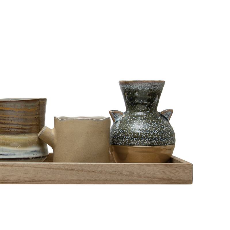 Mango Wood Tray with Candle Holders and Vases