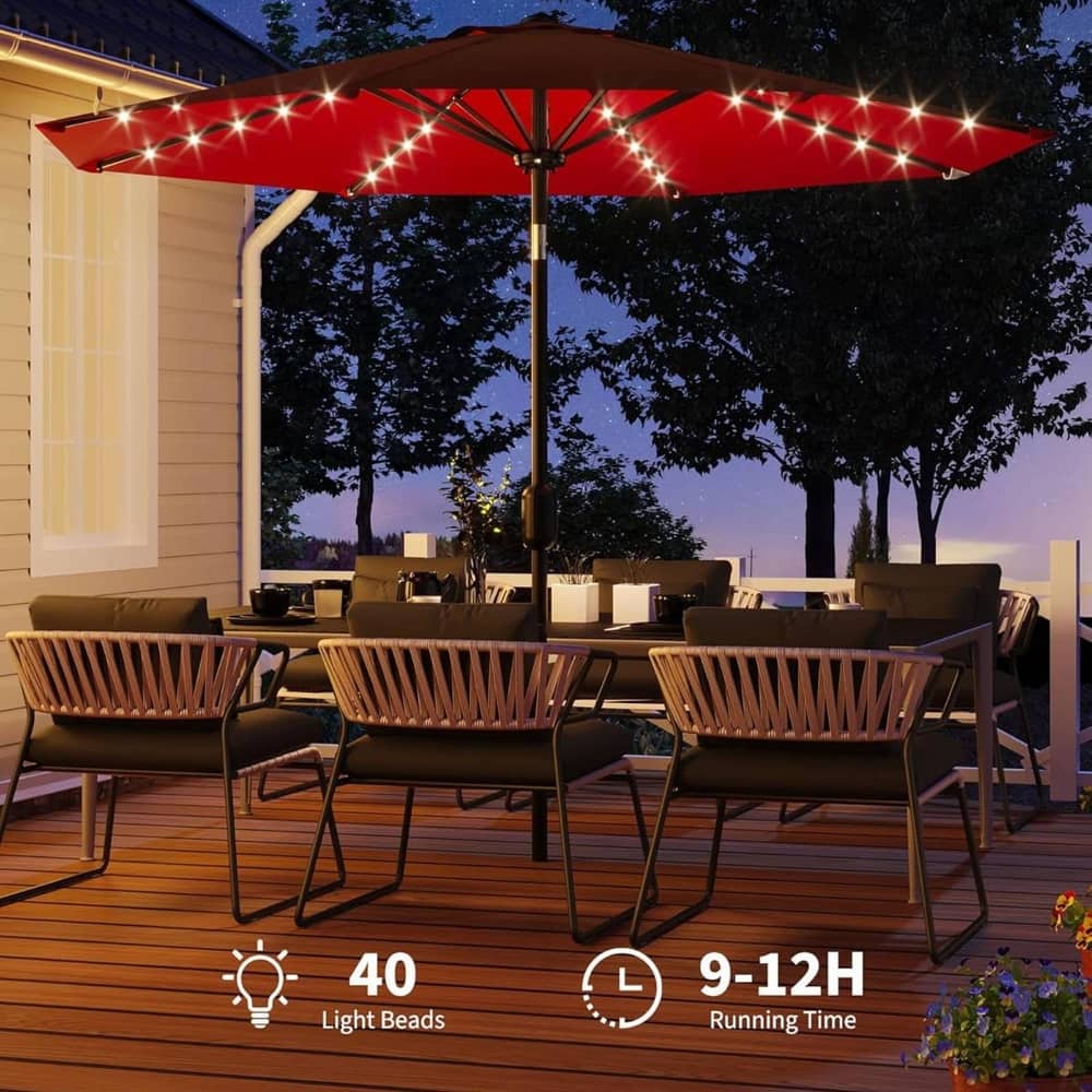 10 Ft Patio Umbrella with Solar Lights for Pool, Deck, Backyard