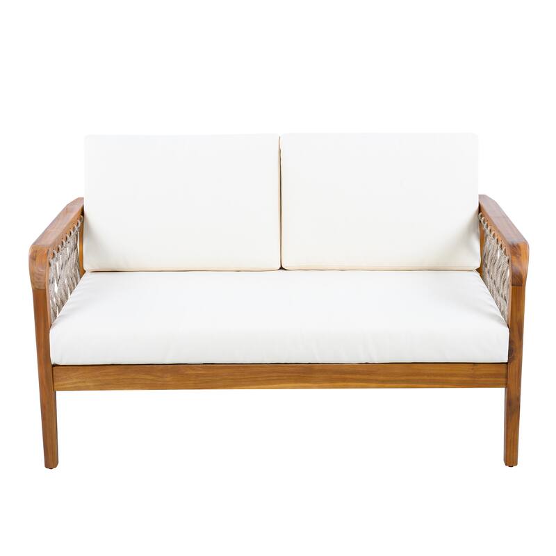 Christopher Knight Home - Outdoor 4-Piece Chat Set with Acacia Loveseat, Armchairs & Coffee Table, Handwoven Rope Accents