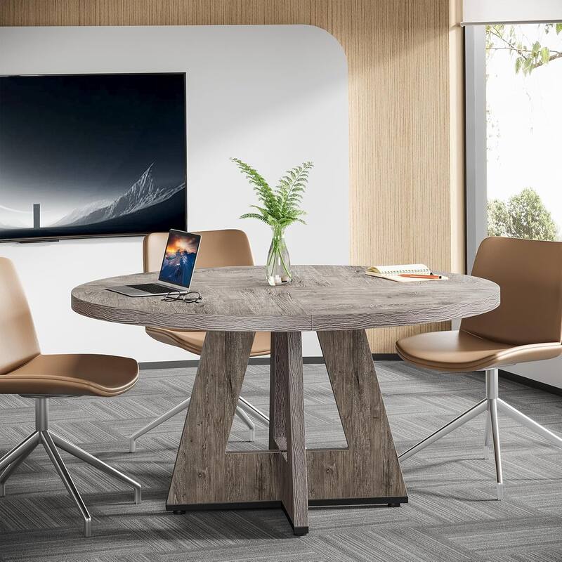 47" Round Conference Table Meeting Room Table with Thickened Top Wood Base Modern Training Desk for Conference/Seminar Room
